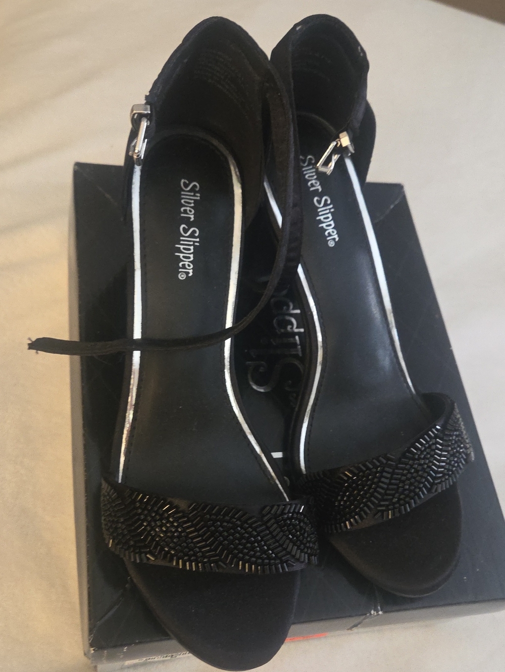 Silver Slipper Black Beaded Ankle-Strap Heels